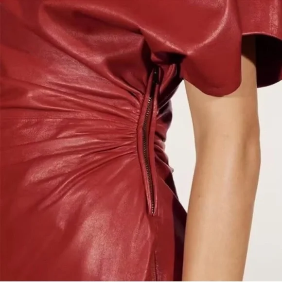 NWT ZARA Limited Edition Draped One-Shoulder Leather Mini Dress  Red Sz XS  - threedaughtersproperties.com